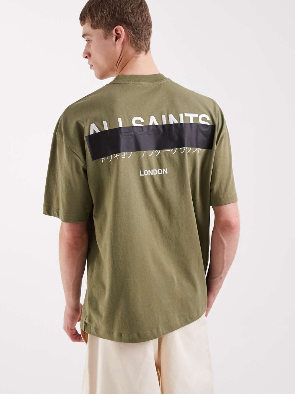 AllSaints Redact Oversized Embroidered Logo T-Shirt Eden Green Olive Large